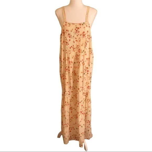 Vtg April Cornell Embroidered Crochet Pleated Floral Maxi Dress Small